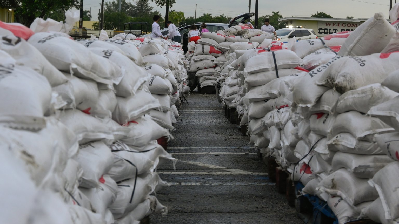 sandbags stacked in preparation for hurricane milton