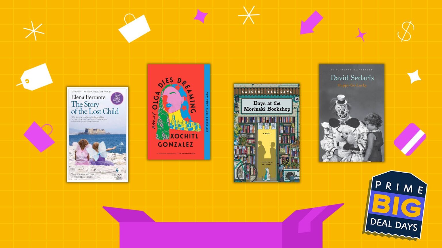 four books and a yellow and pink prime day background