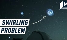 Picture of the swirling spiral in the night sky passing over the Subaru Telescope. Caption reads: "Swirling problem"