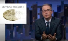 A man in glasses and a suit sits behind a desk, looking at the camera, next to an image of a coin that read "cryptocurrency".