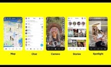 Screenshots of Snapchat homepages on a yellow background.