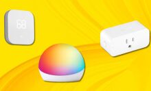 Amazon smart home devices agaisnt a yellow abstract background