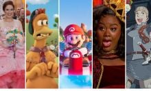 Images from "Chicken Run: Dawn of the Nugget," "Unbreakable Kimmy Schmidt: Kimmy vs. the Reverend," "The Super Mario Bros. Movie," "Nailed It!," and "Delicious in Dungeon"