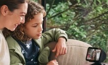 A mom and a child make a video call on an Echo Show 4