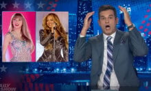 A man in a suit sits behind a talk show desk. In the top-left are side-by-side images of Taylor Swift and Beyonce.