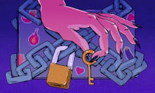 hand with black nail polish holding key in front of locks and fire and heart and eggplant emojis