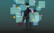 A male figure stands and waves surrounded by text bubbles. 