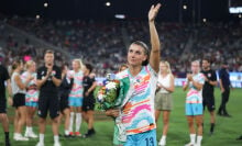 Alex Morgan #13 of San Diego Wave FC waves to fans after the game against North Carolina Courage at Snapdragon Stadium on September 08, 2024 in San Diego, California. 