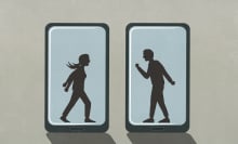 Illustration of two people superimposed on phone screens, and fighting.