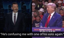 A side-by-side image shows two men in suits, one on a talk show stage and one standing on a podium in front of a large crowd.