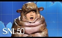 Bowen Yang as baby hippo Moo Deng in a segment on SNL's weekend update