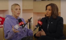 A side-by-side image shows two women sitting in front of microphones.