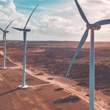 Wind turbines lined up on a vast field. 