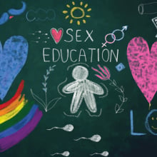 The words 'sex education' on a chalkboard, surrounded by drawings depicting various sex and relationship related themes. 