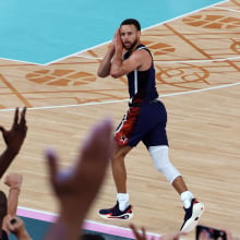 Stephen Curry #4 of Team United States reacts after a three-point basket during the Men's Gold Medal