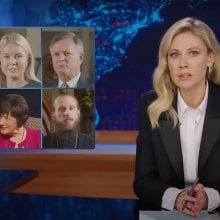 A woman sits behind a talk show desk. In the top-left are six images of other men and women.