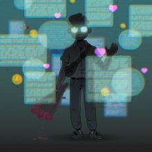 A male figure stands and waves surrounded by text bubbles. 