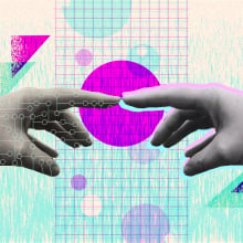 retro collage style with human hand and artificial hand touching