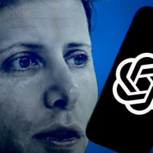 A close-up image of OpenAI CEO Sam Altman next to a phone displaying the OpenAI logo.