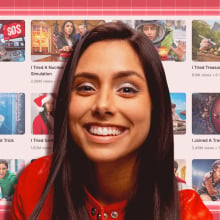 Michelle Khare smiling in a red leather jacket with her blurry YouTube behind her. 