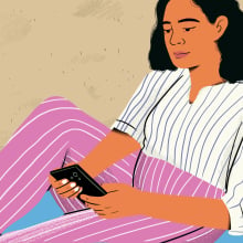 Illustration of a woman sitting on a beach looking at her smartphone. 