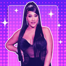 Natalie Nunn superimposed on a pink sparkly background