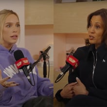 A side-by-side image shows two women sitting in front of microphones.