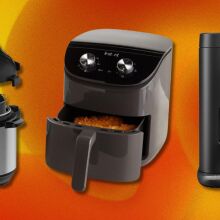 three instant pot kitchen appliances including an instant pot, coffee maker, and air fryer on a bright orange background