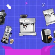 five different espresso machines from Mr. Coffee, De'Longhi, Breville, Nespresso on a blue grid background with pink detailing related to prime day