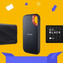 external hard drives from samsung, Western digital, and SanDisk on colored background