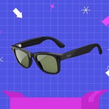 ray-ban meta smart glasses on a blue and pink prime big deal days themed background