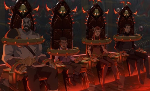 Grog, Scanlan, Keyleth, and Vax locked in some chairs in Hell.