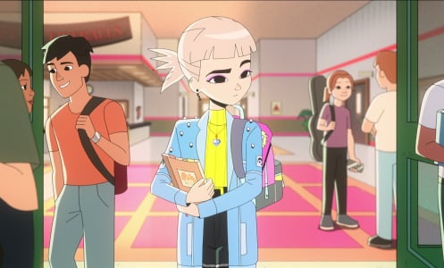 An anime image shows a girl walking through the doors of a high school while other students stand around talking.