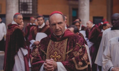 Ralph Fiennes as Cardinal Thomas Lawrence in the film "Conclave." 