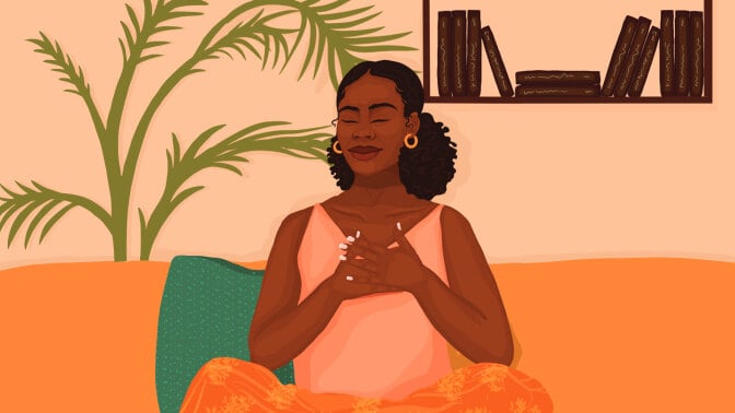 An illustration of a Black woman calmly placing her hands on her heart.