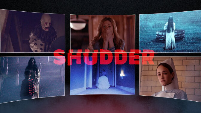 A group of scary images from different horror films are shown in a collage, with the word "Shudder" at the centre.