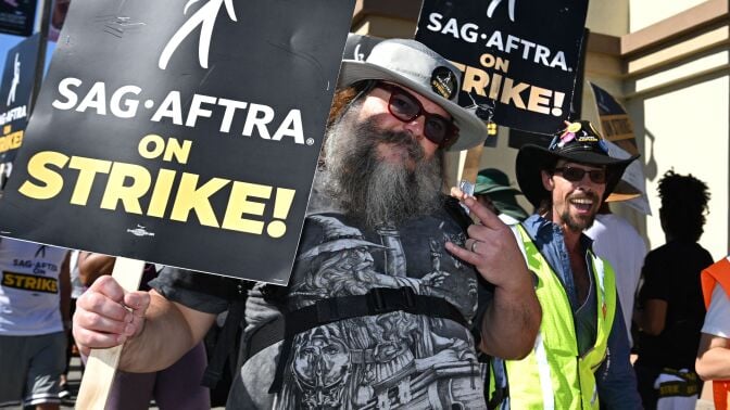  US actor Jack Black joins SAG-AFTRA members and their supporters as they walk a picket line outside Paramount Studios during their strike against the Hollywood studios, in Los Angeles, California, on November 8, 2023. The union representing striking actors said on November 6, 2023, it could not agree to studios’ “last, best and final offer” issued over the weekend in a bid to end a months-long stalemate that has crippled Hollywood.