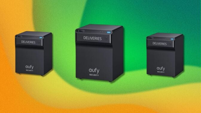 three eufy security smartbrop boxes on a green and yellow wavy background