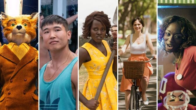 A fox puppet; an Asian man in a tank top; a Black woman holding a shovel; a white woman riding a bike; a Black woman smiling and talking