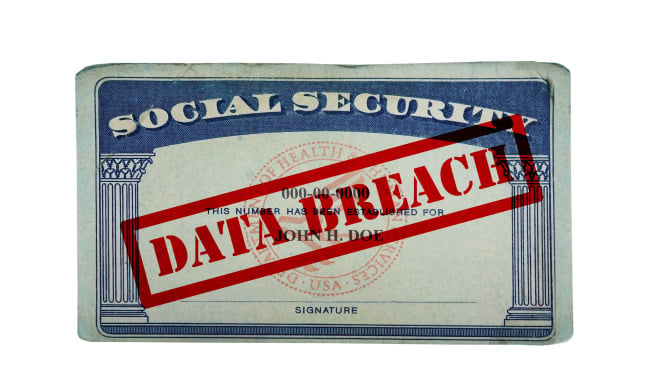 Social Security card with the words 'Data Breach' stamped across it