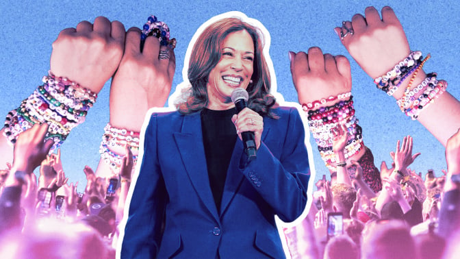 Vice President Kamala Harris surrounded by friendship bracelets. 