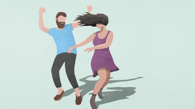 Illustration of a carefree couple dancing on blue background