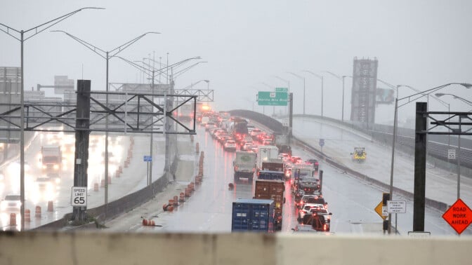 Gridlock on a Florida highway during a rainstorm