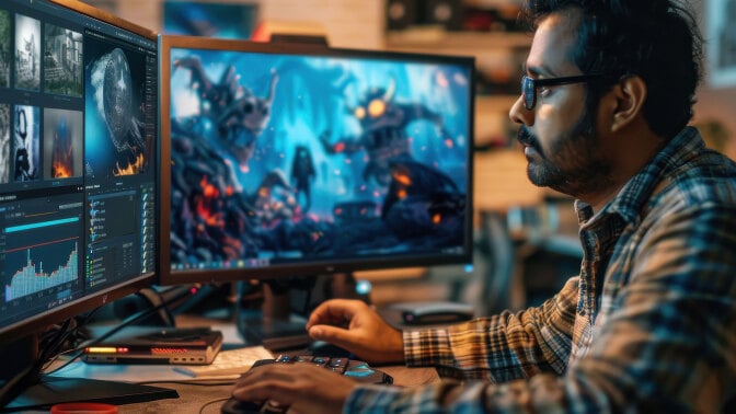 man in glasses coding a video game