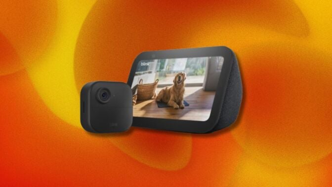 a blink outdoor 4 camera and an echo show 5 on an orange background