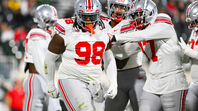 Ohio State Buckeyes defensive tackle Kayden McDonald (98) celebrates a tackle during a college football game between the Michigan State Spartans and the Ohio State Buckeyes on Sept. 14, 2024, at Spartan Stadium in East Lansing, Michigan.