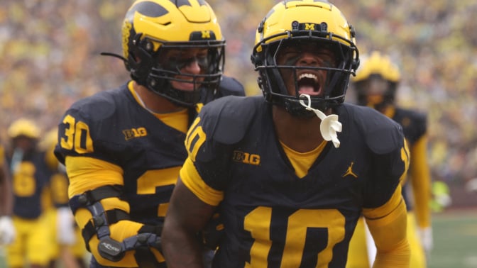 Zeke Berry #10 of the Michigan Wolverines reacts to recovering a first half fumble while playing the Minnesota Golden Gophers at Michigan Stadium on Sept. 28, 2024, in Ann Arbor, Michigan.