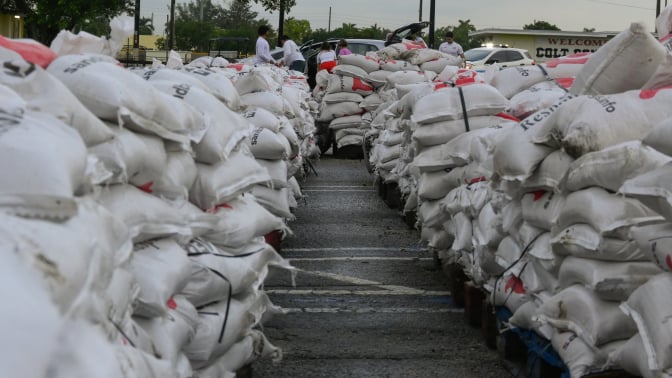 sandbags stacked in preparation for hurricane milton