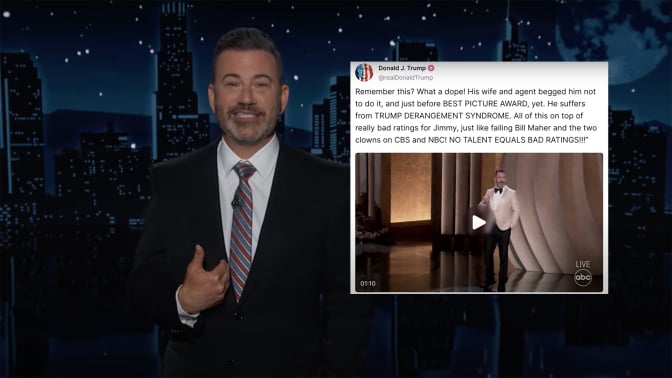 A man in a suit stands on a talk show stage. Next to him is a screenshot of a post from Donald Trump on Truth Social.