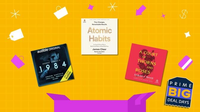 three audible book covers on a yellow background